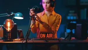 Podcasteuse dans son bureau