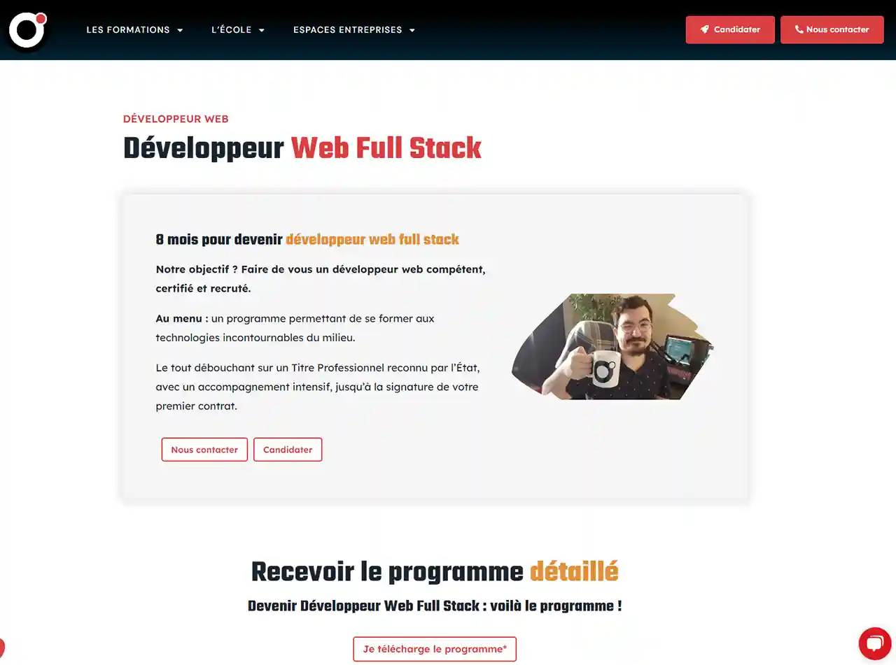 Page programme développeur web full stack de l'école O'clock