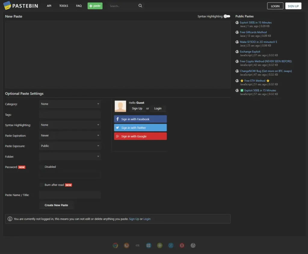Interface de Pastbin